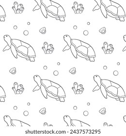 Seamless pattern with undersea animal turtle in line art style. Seashell, coral, seaweed, bubbles. Vector illustration on a white background.