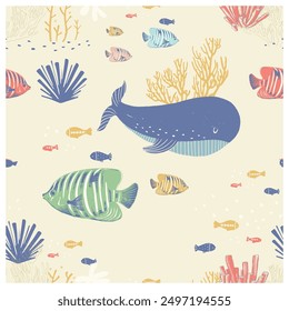 Seamless pattern with undersea creatures. Hand drawn vector illustration.