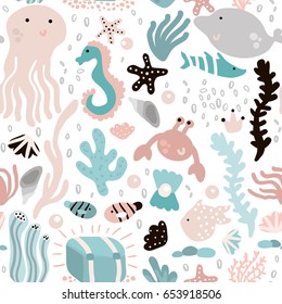 Seamless pattern with undersea elements and fish,octopus,whale,seaweeds,crab. Childish texture for fabric, textile. Vector background 