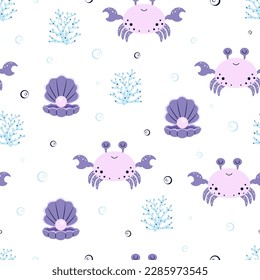 seamless pattern with undersea inhabitants, creative childish background with crabs, seaweed and shells, perfect for kids apparel, fabric, textile, nursery decoration, wrapping paper