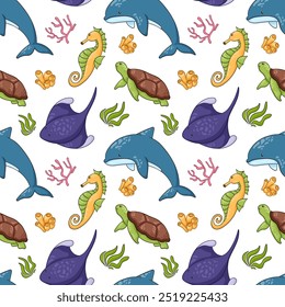 Seamless pattern with underwater animals in cartoon style. Undersea life background with sea horse, dolphin, turtle, stingray, seashell and seaweed.