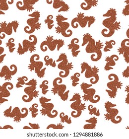 Seamless pattern with underwater animals: seahorse. Illustration on brown, white and pink colors. Simple Feminine Pattern for Card, Invitation, Print. Repeated texture with cartoon characters. Vector.