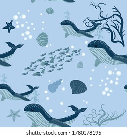 seamless pattern with underwater animals, seaweed and corals. Repeated texture with sea cartoon characters. Colorful childish background.