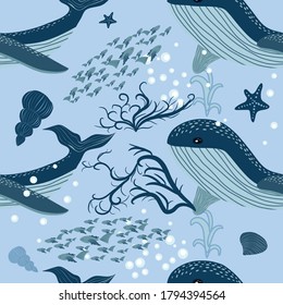 seamless pattern with underwater animals, seaweed and corals. Repeated texture with sea cartoon characters. Colorful childish background.