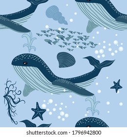 seamless pattern with underwater animals, seaweed and corals. Repeated texture with sea cartoon characters. Colorful childish background.