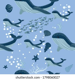 seamless pattern with underwater animals, seaweed and corals. Repeated texture with sea cartoon characters. Colorful childish background.