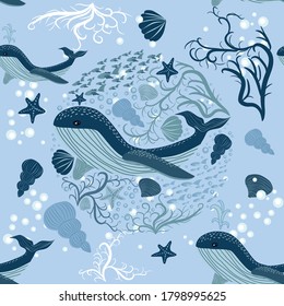 seamless pattern with underwater animals, seaweed and corals. Repeated texture with sea cartoon characters. Colorful childish background.
