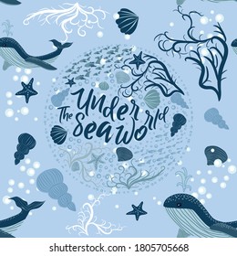 patrón ininterrumpido con animales submarinos, algas y corales. Textura repetida con personajes de dibujos animados marinos. Fondo infantil colorido.