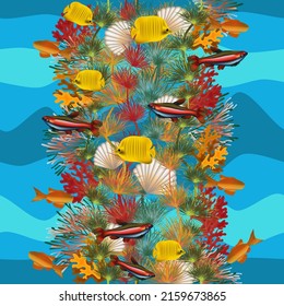 Patrón sin foco, pancarta submarina con concha y peces tropicales. ilustración vectorial