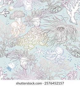 Seamless pattern with underwater corals and jellyfish. Hand drawn vector illustration on blue background.