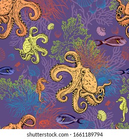 Seamless pattern with underwater creatures, corals, sea anemones, tropical fishes and octopuses. Hand drawn vector illustration.