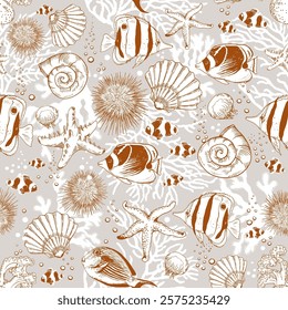 Seamless pattern with underwater creatures, fish and shells. Hand drawn vector illustration on grey background.