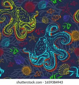 Seamless pattern with underwater creatures, fishes and octopuses. Hand drawn vector illustration.