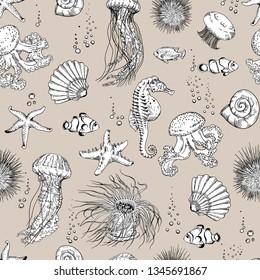 Seamless pattern with underwater creatures, jellyfish, starfish, sea horse, sea urchin, clown fish and shells. Hand drawn vector.