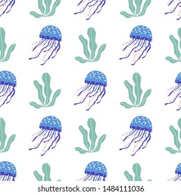 Seamless pattern of Underwater creatures  jellyfish with seaplants and corals, marine animals for fabric, textile, wallpaper, nursery decor, prints, childish background. Vector
