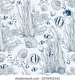 Seamless pattern with underwater creatures, seaweeds, fish and shells. Hand drawn vector illustration on blue background.