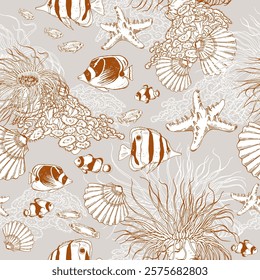 Seamless pattern with underwater creatures, shells and tropical fish. Hand drawn vector illustration on grey background.