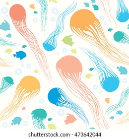 Seamless pattern with underwater creatures. Vector animal wallpaper - jellyfish, bubbles and fish.