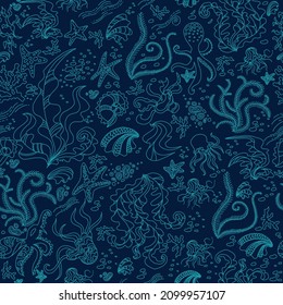 Seamless pattern with Underwater doodle illustration. Vector illustration with sea and ocean life
