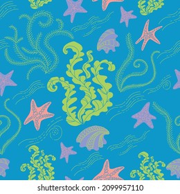 Seamless pattern with Underwater doodle illustration. Vector illustration with sea and ocean life