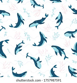 Seamless pattern with underwater humpback whales swimming on white wave background. Vector illustration with whales in riverbed surrounded by seaweed and algae.