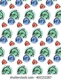 Seamless Pattern Underwater with Ink Hand Drawn Dolphins and  Watercolor Spots. Watercolor Red, Blue and Green Spots with Dolphins Isolated on White Background. Vector Illustration for Children.