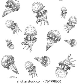 Seamless pattern. Underwater jellyfish background. Vector illustration. Sea collection. Marine animals.