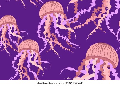 Seamless Pattern with Underwater Jellyfish. Beautiful magic water jelly in the sea. Vector image