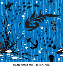 Seamless pattern. Underwater life with black fish, seahorse, turtle, jellyfish and fish on blue backround. Vector illustration.