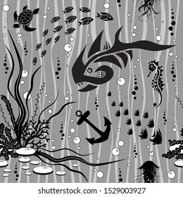 Seamless pattern. Underwater life with black fish, seahorse, turtle, jellyfish and fish on gray backround. Vector illustration.