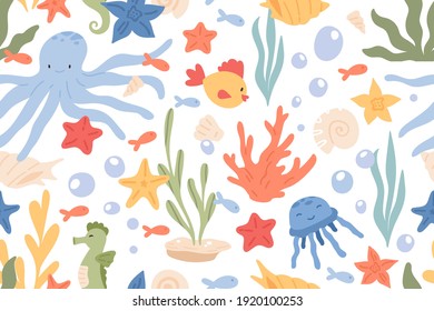 Seamless pattern of underwater life with cute jellyfishes, octopuses, starfishes, corals and shells. Endless texture with ocean creatures and plants. Color flat vector illustration on white background