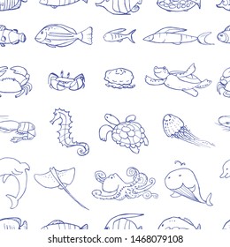 Seamless pattern from underwater life ink doodles. Sea animals and fish. Vector stock set. Cute icons. Line contour. Can be used for printed materials. Marine background. Hand drawn design elements. 