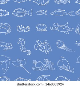 Seamless pattern from underwater life ink doodles. Sea animals and fish. Vector stock set. Cute icons. Line contour. Can be used for printed materials. Marine background. Hand drawn design elements. 