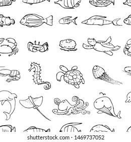 Seamless pattern from underwater life ink doodles. Sea animals and fish. Vector stock set. Cute icons. Line contour. Can be used for printed materials. Marine background. Hand drawn design elements. 