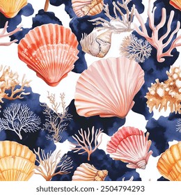 Seamless pattern with underwater life objects - blue sea shells