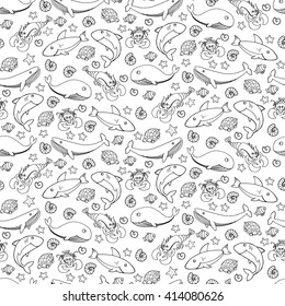 Seamless pattern with underwater life with sharks and whales. Vector illustration