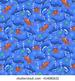 Seamless pattern with underwater life with sharks and whales. Vector illustration