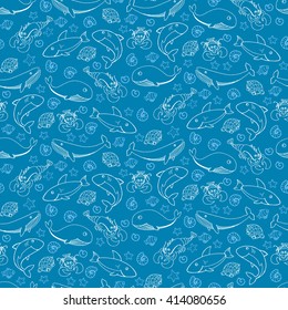 Seamless pattern with underwater life with sharks and whales. Vector illustration
