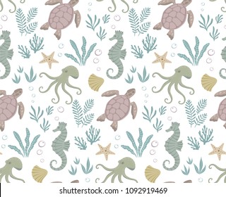 Seamless pattern of underwater life. Vector illustration.