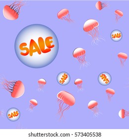 Seamless pattern with underwater life. Vector image with jellyfish and inscription Sale