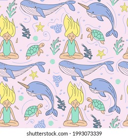 Seamless pattern with underwater life: whales, turtles, narwhals, freedivers. Good for fabrics, wallpaper. Vector illustration about cute marine life.