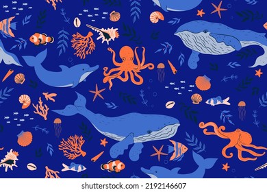 Seamless pattern with underwater marine animals. Vector graphics.