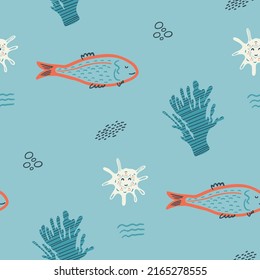patrón ininterrumpido con un mundo marino submarino con peces marinos. Para imprimir en prendas de vestir, papel, carteles, papel pintado, textiles, accesorios para niños