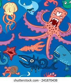 Seamless pattern with underwater monsters, vector background textures, dark sea