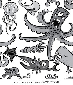 Seamless pattern with underwater monsters, vector background texture, monochrome grayscale