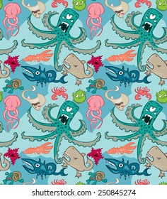 Seamless pattern with underwater monsters, vector background textures
