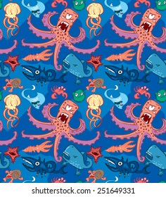 Seamless pattern with underwater monsters, vector background texture, dark blue sea octopus