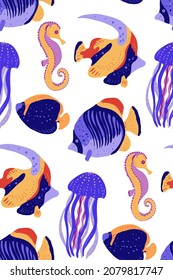 Seamless pattern with underwater motives. Exotic fishes, corals, jellyfish, seahorse. Vector pattern. Limited color palette.