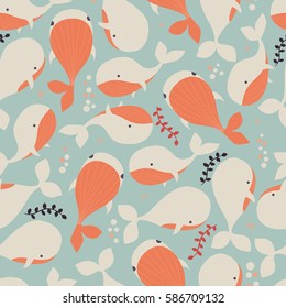 Seamless pattern with underwater ocean animals, cute whales, colorful vector illustration