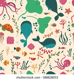 Seamless pattern with underwater ocean animals, whale, octopus, stingray, jellysfish, colorful vector illustration